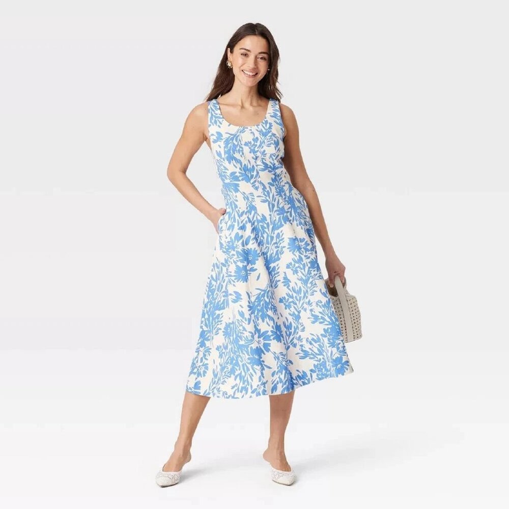 nwt Size 22 “A New Day” Women's Corset Midi A-Line Floral Dress in BLUE + WHITE